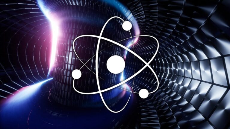 An atom overlayed on an abstract design representing nuclear fusion.